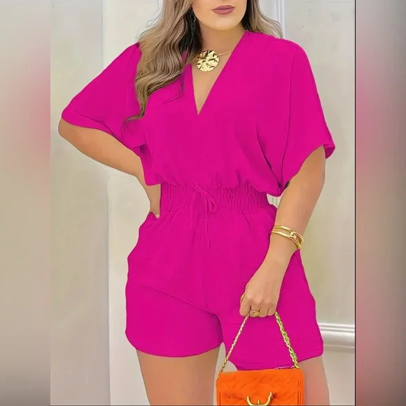 Short Sleeve V Neck Shirred Waist Romper - Picture 1 of 6